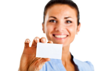 Businesswoman showing a blank card