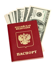 Russian passport and US dollars over white