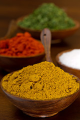 Bowls filled with Spices.  Curry, Paprika, Salt and Parsley flak