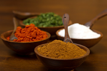 Bowls filled with Spices.  Cumin, Paprika, Salt and Parsley flak