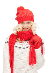 beautiful woman in hat, muffler and mittens