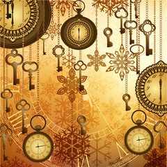 Vintage golden watches, keys and snowflakes on shiny background
