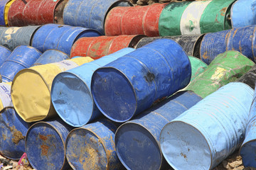 Colorful empty metal barrels