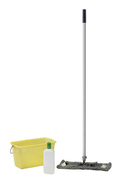cleaning mop with bucket and cleaner
