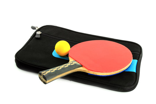 Table tennis racket  and ball with case on white blackground