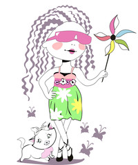 Obraz na płótnie Canvas Fashion baby girl in sunglasses with a cat