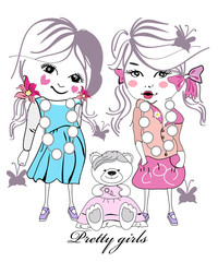 Fashion baby girls with a teddy bear