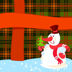 Snowman with Christmas tree near a big present