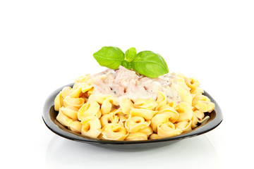 plate with tortellini pasta ans sauce