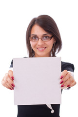 woman showing a blank board