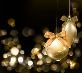Golden Christmas lights background with ornaments.
