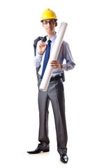 Young architect with drawings isolated on white