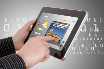 travel computing concept - using cloud services on tablet