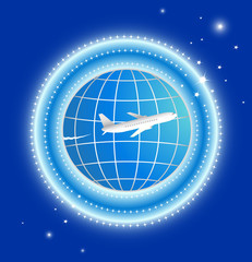plane with earth and stars on blue background