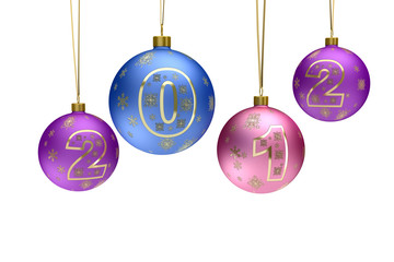 Christmas balls 2012 hanging isolated on white background
