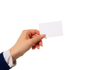 Obraz premium Hand holding an empty business card over white