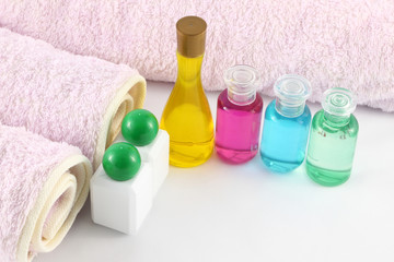 bottles of color oil from spa room.