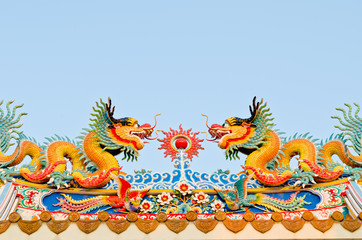 twin dragon on the roof of shrine with blue sky background