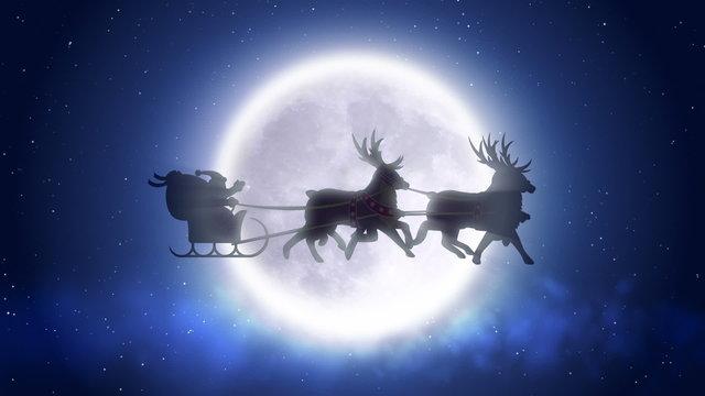 Santa with reindeers flies over moon in loop