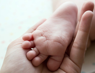 Пяточка младенца в руке мамы