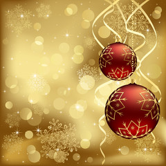 Red Christmas baubles with blurry lights