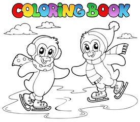 Fototapeta premium Coloring book skating penguins