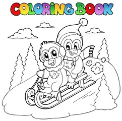 Fototapeta premium Coloring book penguins sledging