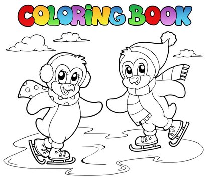 Coloring book skating penguins