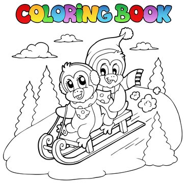 Coloring book penguins sledging