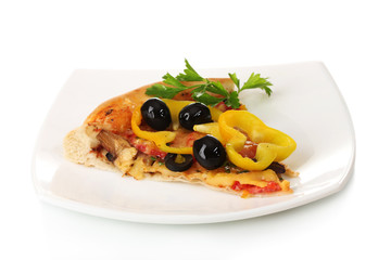 delicious slice of pizza on plate isolated on white