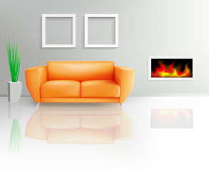Orange Sofa and Fireplace