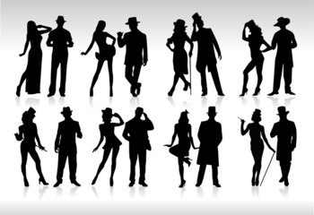 silhouettes costumes rétro - obrazy, fototapety, plakaty