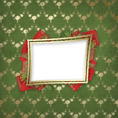 Christmas greeting card with branches of spruce and ribbons