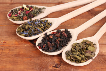 Different kinds of dry green and black tea in spoons
