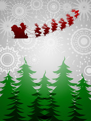 Santa Sleigh Reindeer Over Trees on Silver Background