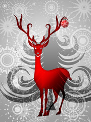 Reindeer with Red Ornament on Silver Background