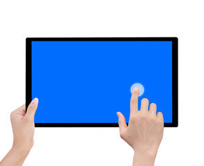 hand pushing a button on a touch screen interface