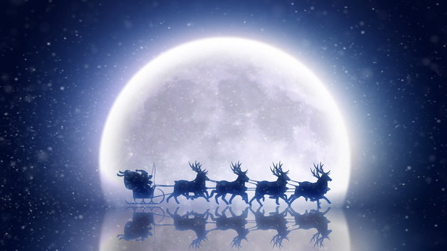 Santa with reindeer flies over moon