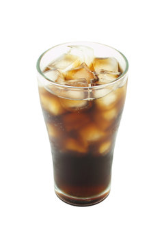Cool cola with ice in glass on white background.