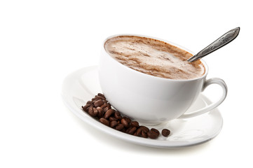 cup of hot cappuccino and coffee beans