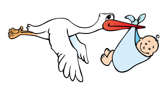 fliegender Storch mit Baby auf weiss