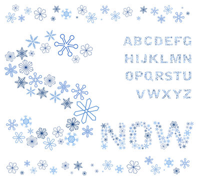 Vector snowflakes alphabet on a white background