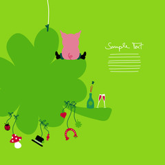 Naklejka premium Pig Sitting On Clover & Symbols
