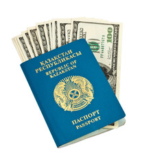 Kazakhstan passport and money isolated on white background