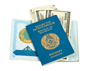 Fototapeta premium Kazakhstan passport and money isolated on white background