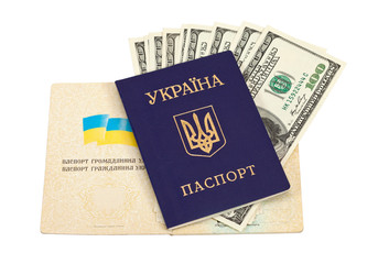 Fototapeta premium Ukrainian passport and money over white