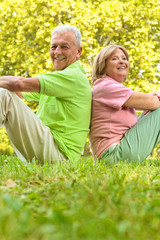 Happy senior couple sitting on grass