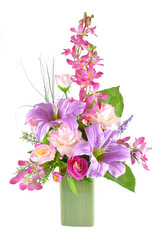 Colorful Artificial Flower Arrangement on white background