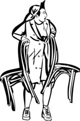 sketch of a woman carrying two wooden chair