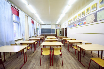 Back view of yellow chairs inside empty physics school class